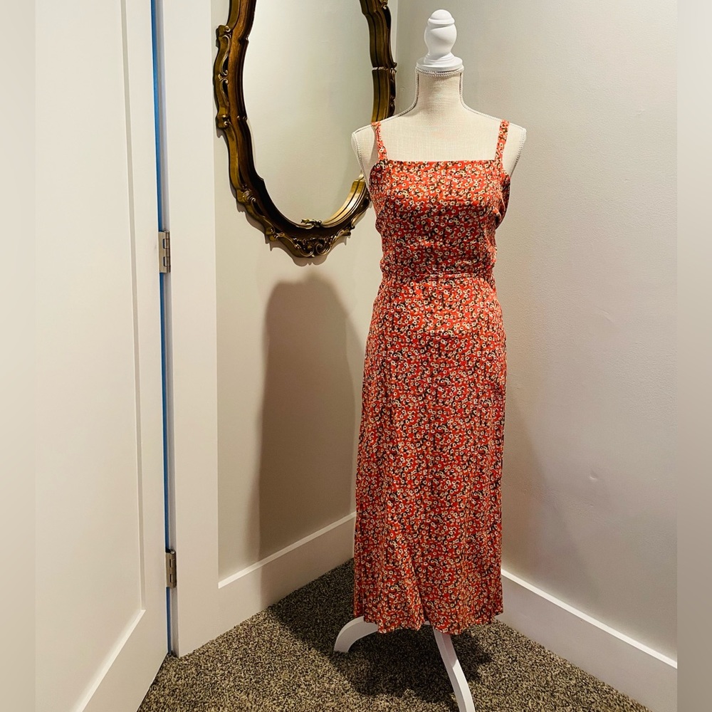Faithful the Brand Coral Pink Floral Print Midi Dress